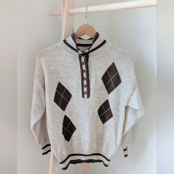 Vintage Sweaters - Vintage Geometric Argyle Patterned 1/4 Button Up Collared Sweater In Ivory/Brown